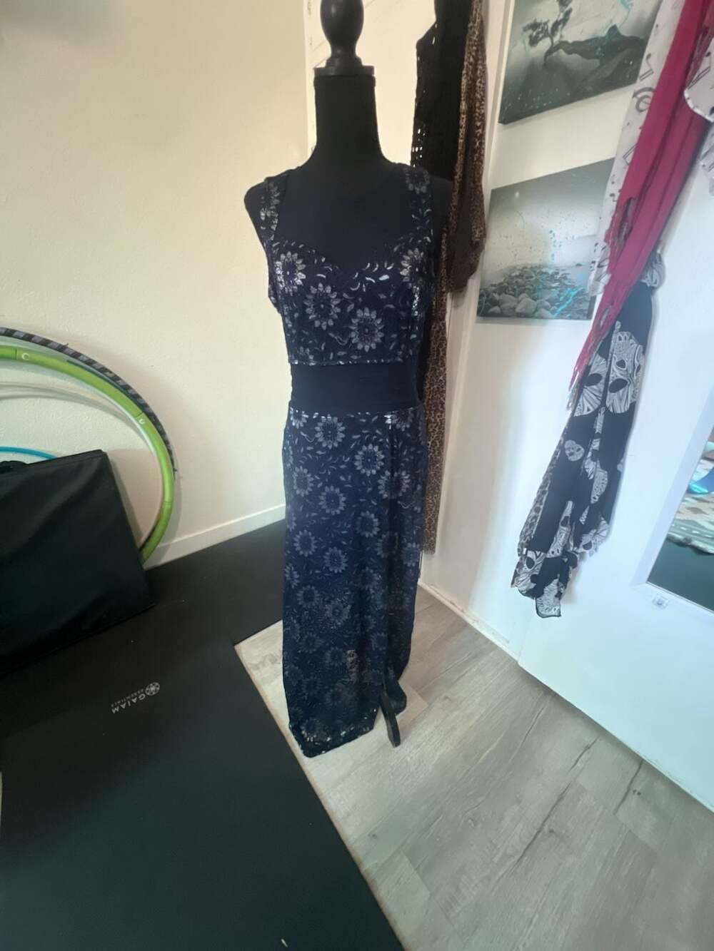 Enfocus Studio Navy Blue and Silver Lace Mesh Maxi Gown